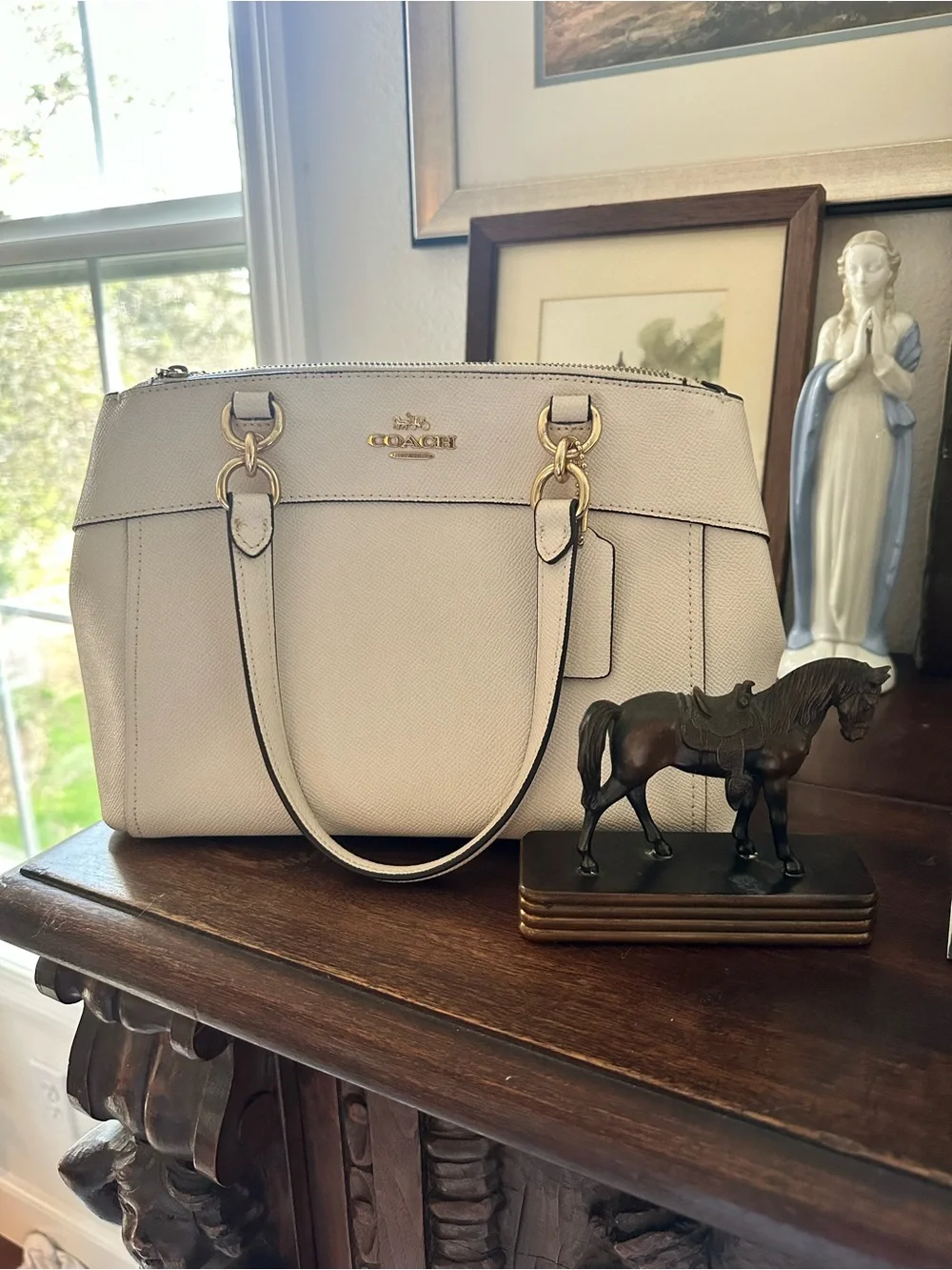 Coach Light Cream Saffiano Leather Satchel with Gold Hardware